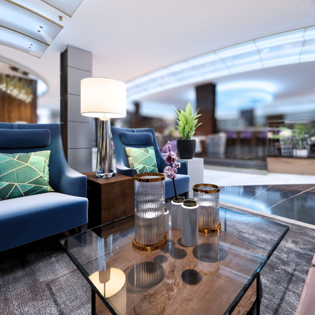 Modern airport lounge with contemporary decor and lush greenery for premium passenger comfort.